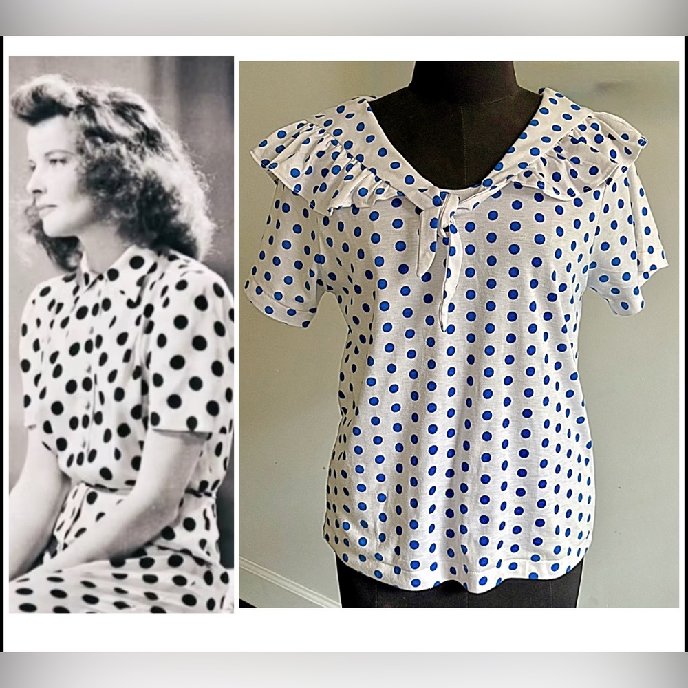 🔵sold🔵Vintage blue polka dot retro Ruffled Sailor Collar short sleeve top Blouse